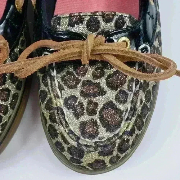 Sperry Top Sider Boat Shoes Sparkly Leopard Brown Black Raw Hide Lace Size 7.5M - Picture 5 of 16